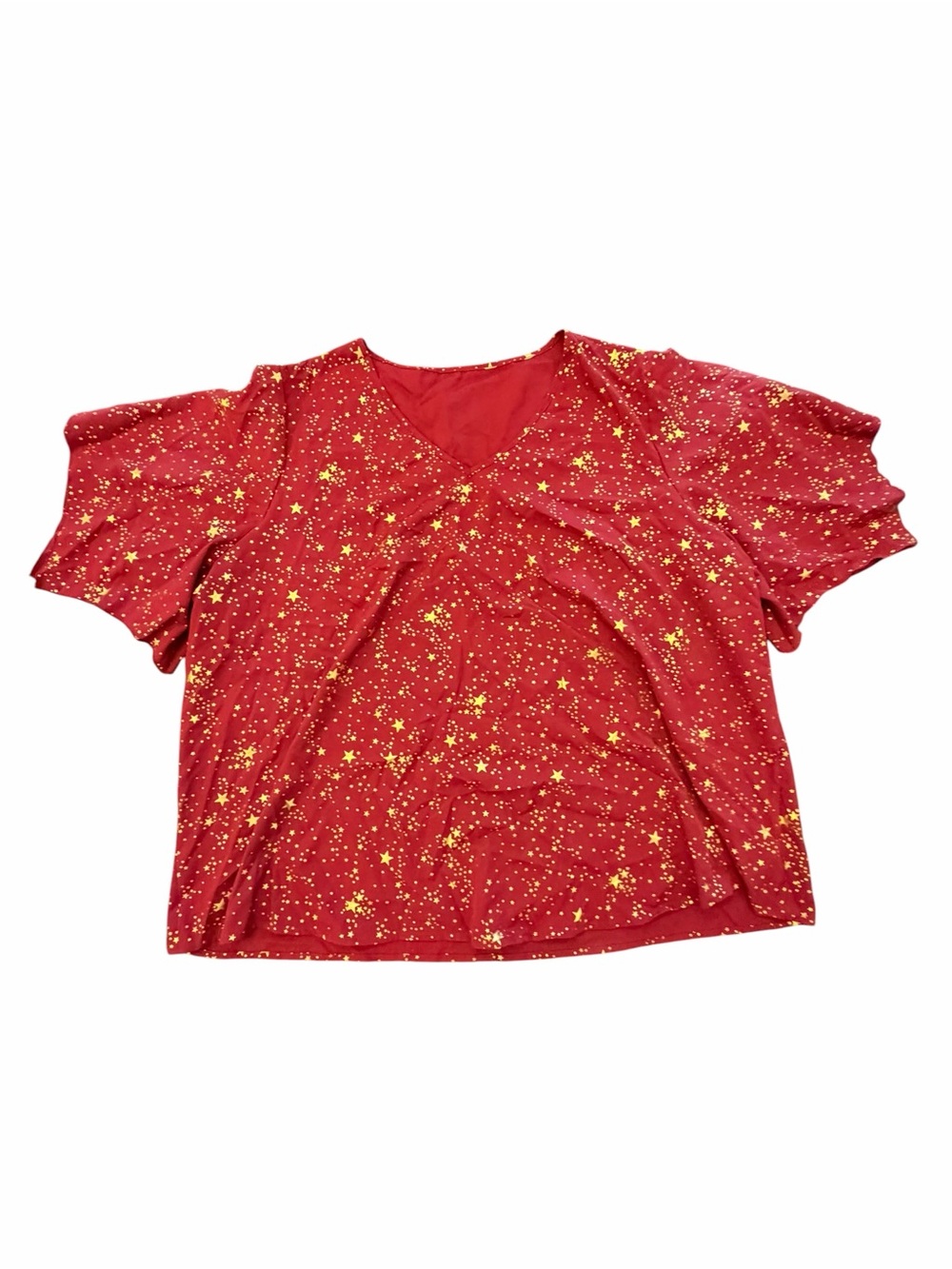 Red Flowy Blouse Gold Sparkling Stars Flutter Sleeves V-neck Size 6XL Holiday